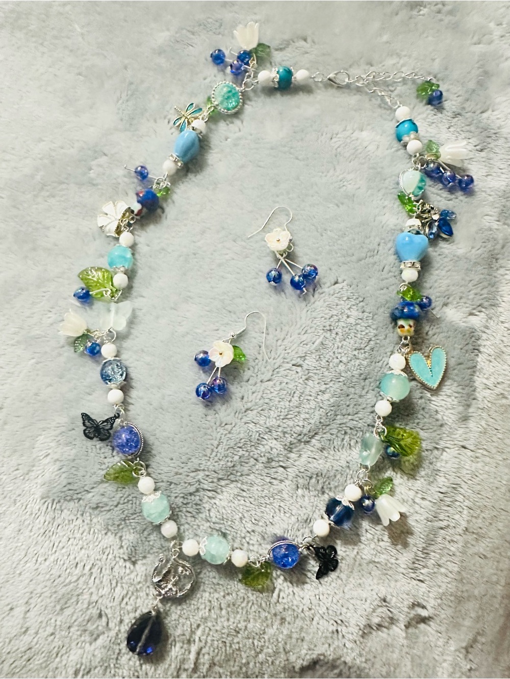 Handcrafted Blueberry Themed Beaded Necklace and Earring Set
